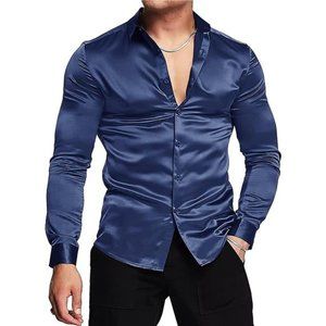 NEW Men's Luxury Navy Blue Silk Shirt